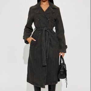 washed black denim trench coat